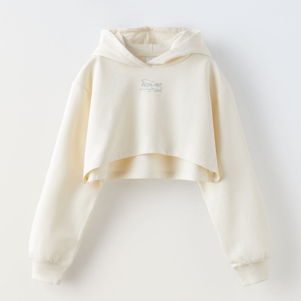 Zara "Sunday Tour" Girls Cropped Hooded Sweatshirt in Ecru 9 - Picture 3 of 12